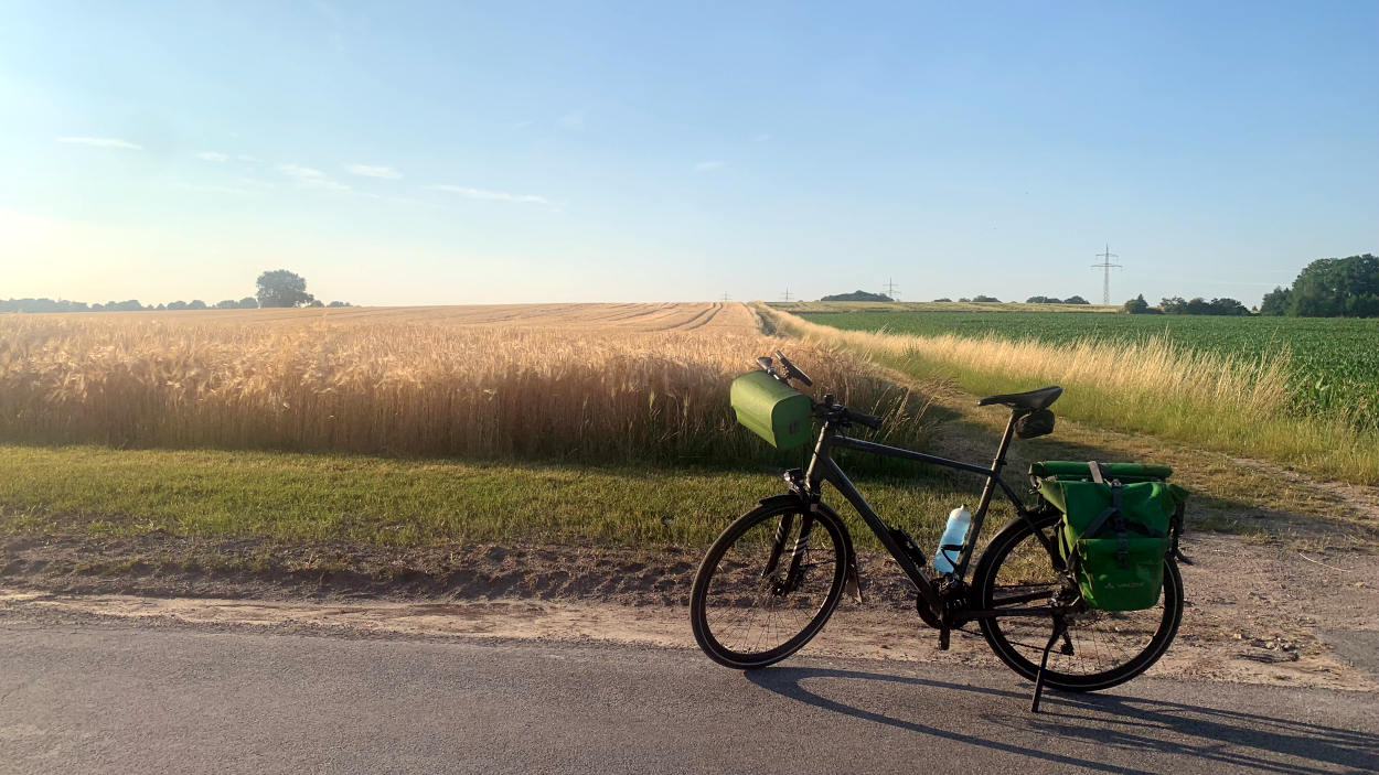 Fahrrad vor einem Feld. Die Sonne steht schon tief. 