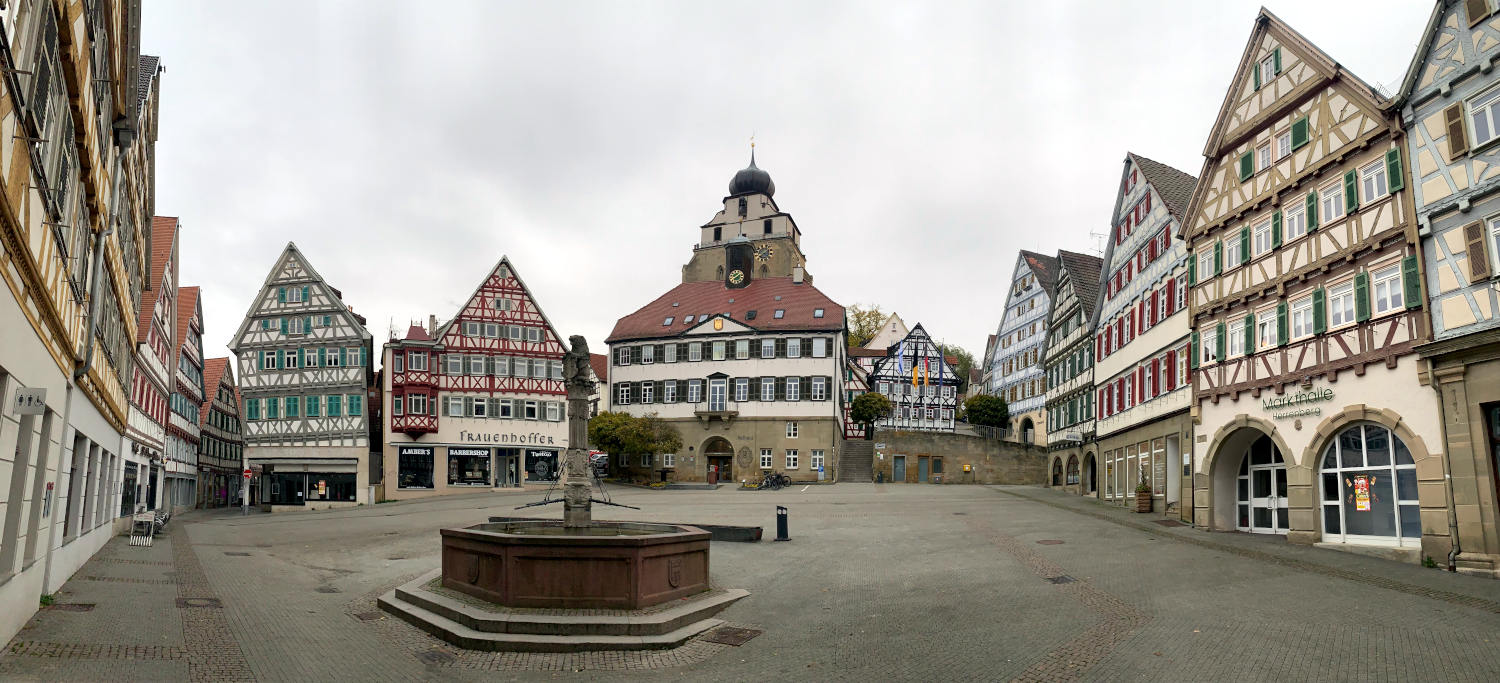 Panorama-Aufnahme des Herrenberger Marktplatzes: Fachwerkhäuser, das historische Rathaus und ein Brunnen