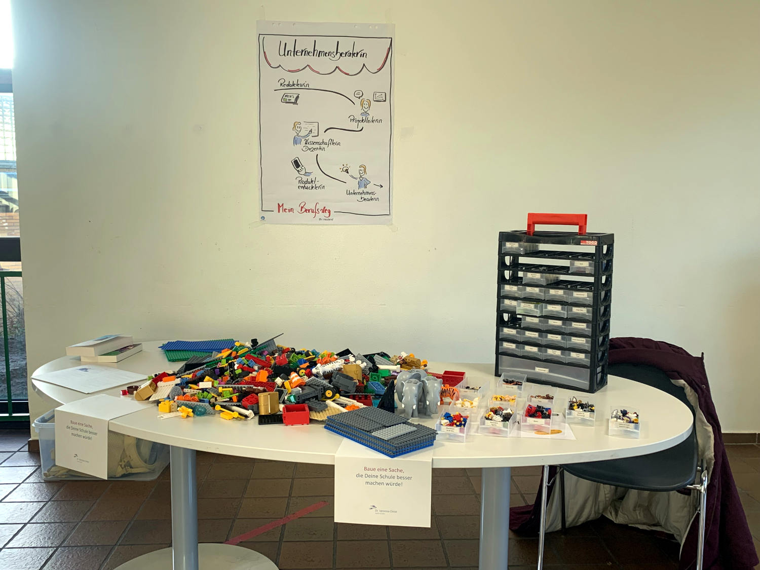 Stand auf der Berufemesse in der Schule: An der Wand ein Plakat mit den bislang ausgeübten Berufen, davor ein Tisch mit Lego